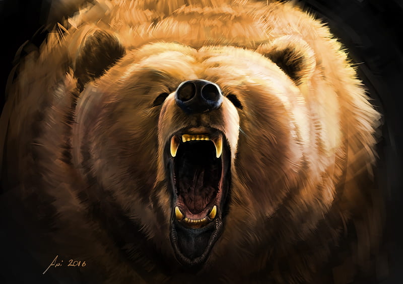 bear, grin, angry, fangs, art, HD wallpaper
