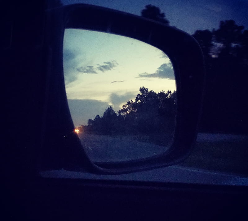Love in rearview, behind, car, clouds, heart, leaving, memory, mirror, past, HD wallpaper