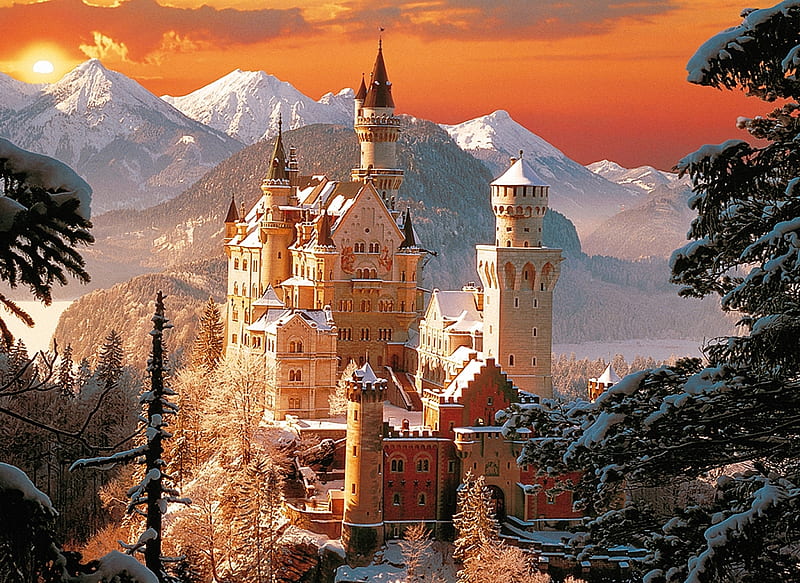 Neuschwanstein Castle, Bavaria, building, snow, germany, towers, mountains, sunset, alps, winter, HD wallpaper