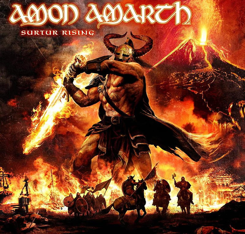 Amon Amarth - Surtur Rising, death, band, amarth, amon, metal, warriors, rising, flame, sword, amon amarth, guerra, music, fire, warrior, battle, logo, flames, heavy, viking, surtur, HD wallpaper