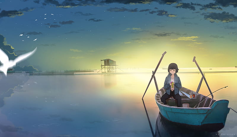 girl, boat, phone, anime, HD wallpaper