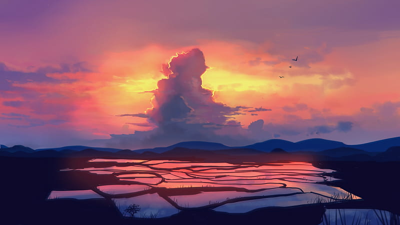 anime landscape, beyond the clouds, sunset, scenic, birds, Anime, HD wallpaper