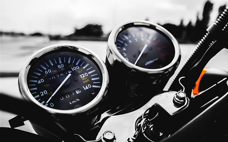 motorcycle steering, speedometer, dashboard, tachometer, bokeh, blur, motorcycle riding concepts, HD wallpaper