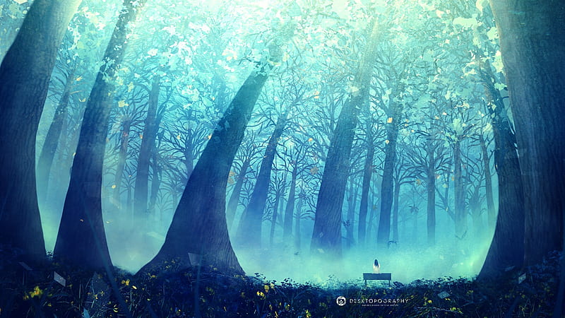 Blue Forest, forest, art, fantasy, magical, bounin, orginal, blue, HD wallpaper