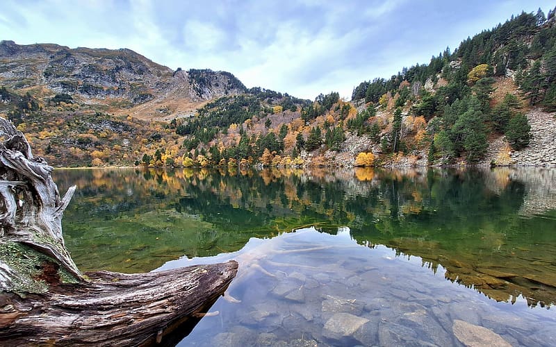 Etang de Balbonne, Pyrenees, France, autumn, clouds, trees, sky, mountains, rocks, water, reflections, HD wallpaper