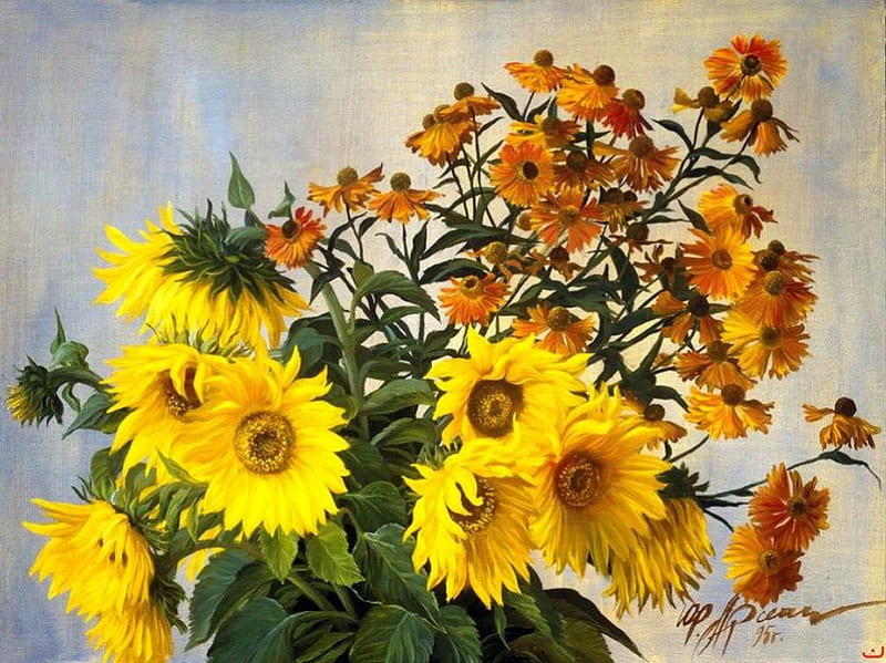 Yu.Arsenyuk (oil on canvas), art, oil, painting, flower, sunflower, canvas, yu arsenyuk, HD wallpaper