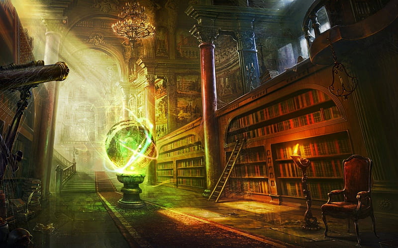 Library, fantasy, green, books, game, light, HD wallpaper