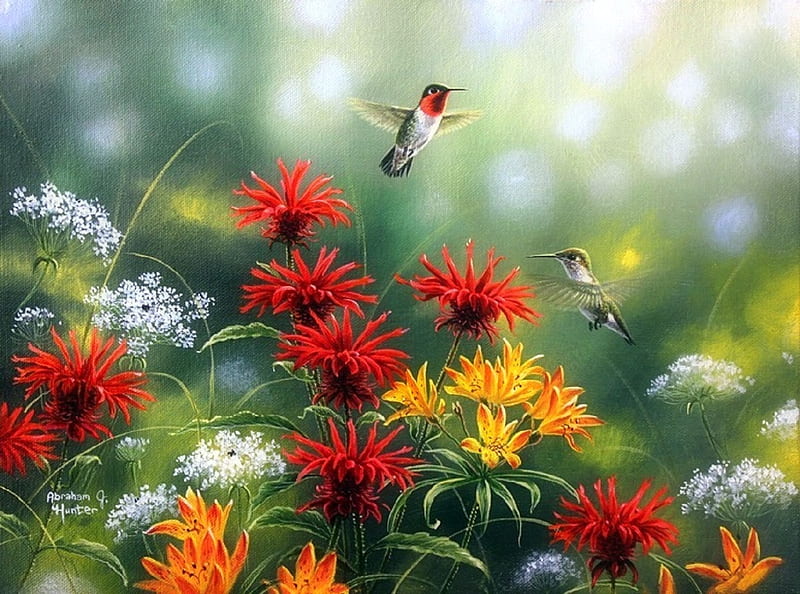 Rubythroat Pair, paintings, hummingbirds, summer, flowers, love four seasons, nature, spring, animals, HD wallpaper