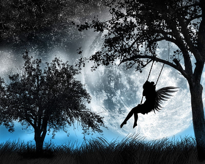 :), blue, tree, moon, moon, swing, black, silhouette, vector, HD wallpaper