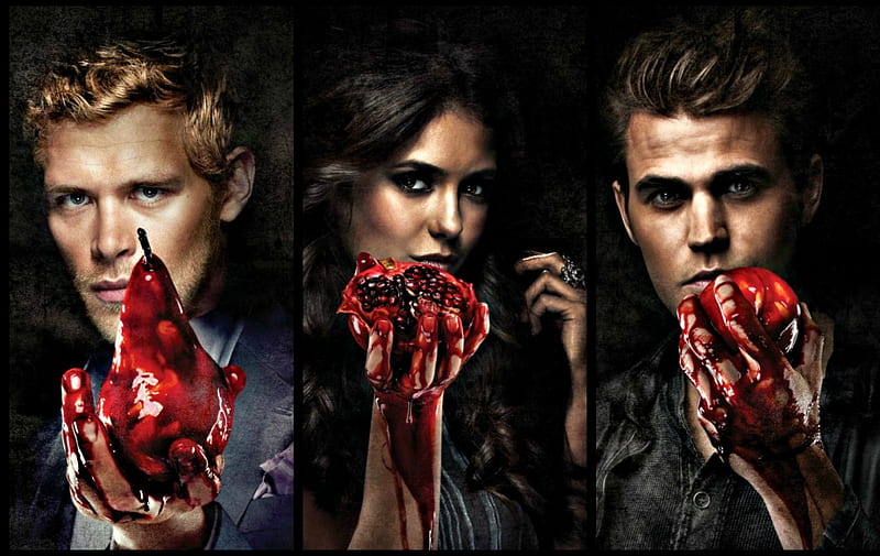 Vampire Diaries (2009-), red, vampire diaries, woman, fruit, fantasy, actress, klaus, tv series, male, nina dobrev, black, man, by cehenot, collage, blood, elena, girl, paul wesley, joseph morgan, stefan, actor, HD wallpaper