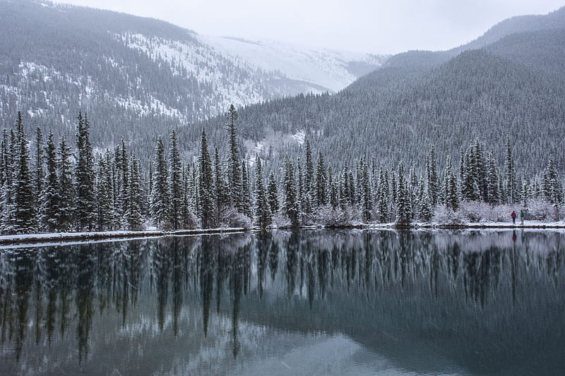 lake, forest, mountains, snow, landscape, HD wallpaper