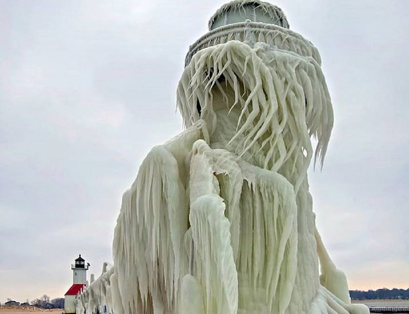 ST JOSEPH LIGHTHOUSE, ICE, COLD, LIGHTHOUSE, FROZEN, HD wallpaper