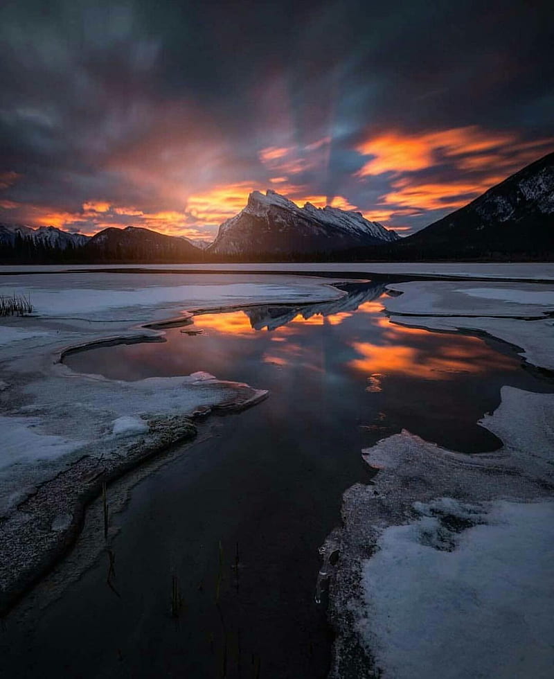 Canadian Rockies, canada, colorful, ice, ice lake, sunset, water, HD phone wallpaper