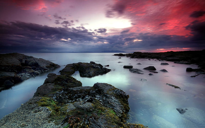 colorful clouds evening-ocean Landscape, HD wallpaper