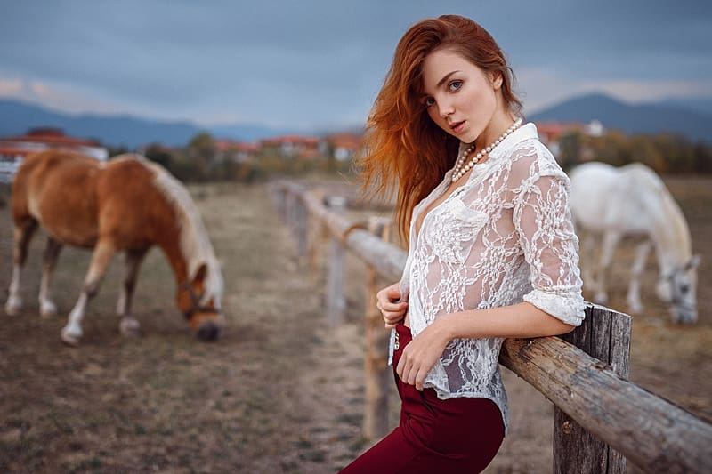 Cowgirl ~ Ekaterina Shezhukova, horses, redhead, cowgirl, fence, HD ...
