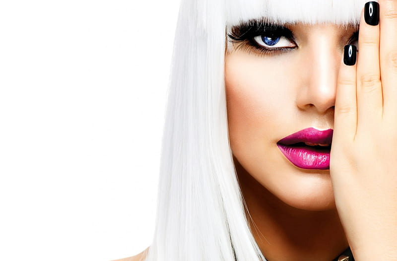 Beauty, black, lips, make-up, lipstick, anna subbotina, hand, face, blue eyes, white, pink, HD wallpaper