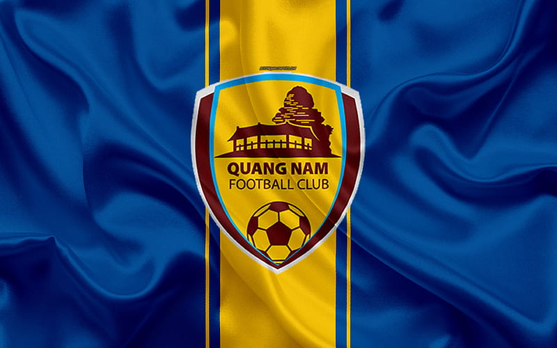 Quang Nam FC logo, silk texture, Vietnamese football club, emblem, blue yellow silk flag, V-League 1, Quan Nam, Vietnam, football, HD wallpaper