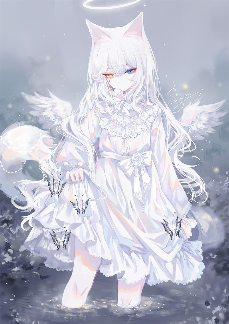girl, heterochromia, angel, wings, white, anime, HD phone wallpaper