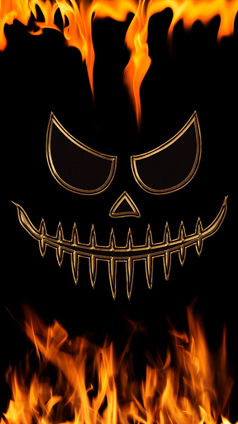 Face The Fire, halloween, pumpkin, jack o lantern, scary, horror, spooky, flames, diablo, HD phone wallpaper
