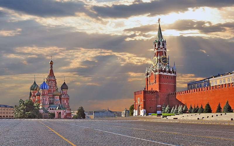 morning, Moscow, Red Square, the Kremlin, Saint Basils Cathedral, Russia, Russian Federation, HD wallpaper