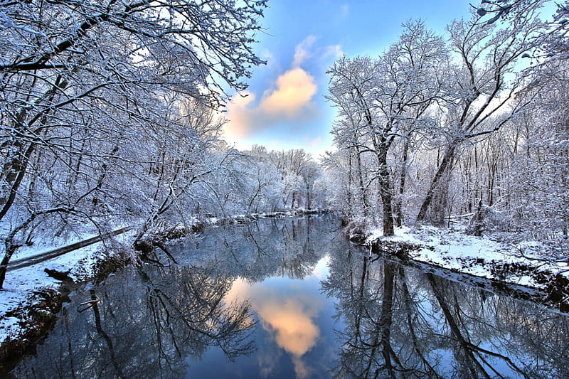 Winter, winter time, landascape, trees, sky, clouds, snowy, snow, nature, river, HD wallpaper