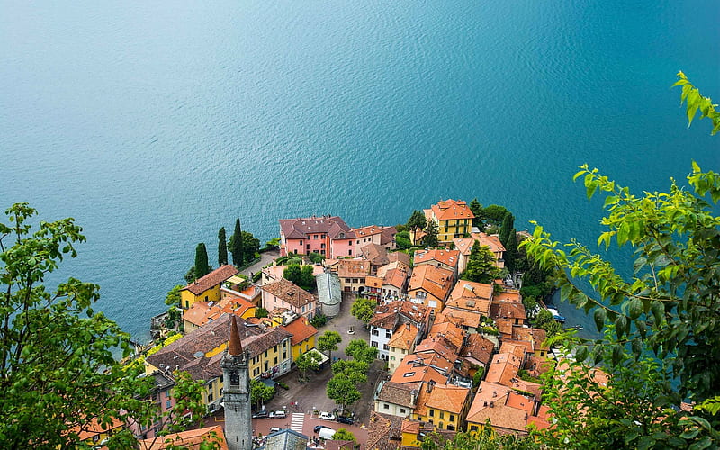lake, coast, the roofs of houses, Lake Como, Varenna, Lombardy, Italy, HD wallpaper