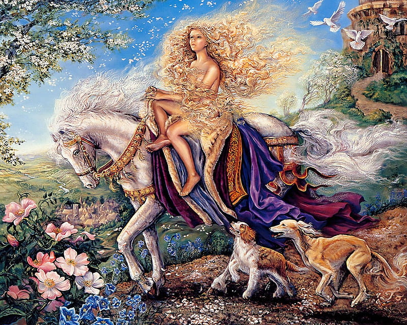 Spring Fertility Goddess, fantasy, blond, goddess, flowers, horse, abstract, sky, dogs, HD wallpaper