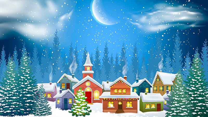 Ready for Santa, forest, cottages, feliz navidad, christmas tree, houses, trees, neighborhood, winter, moon, snow, village, Firefox Persona theme, HD wallpaper