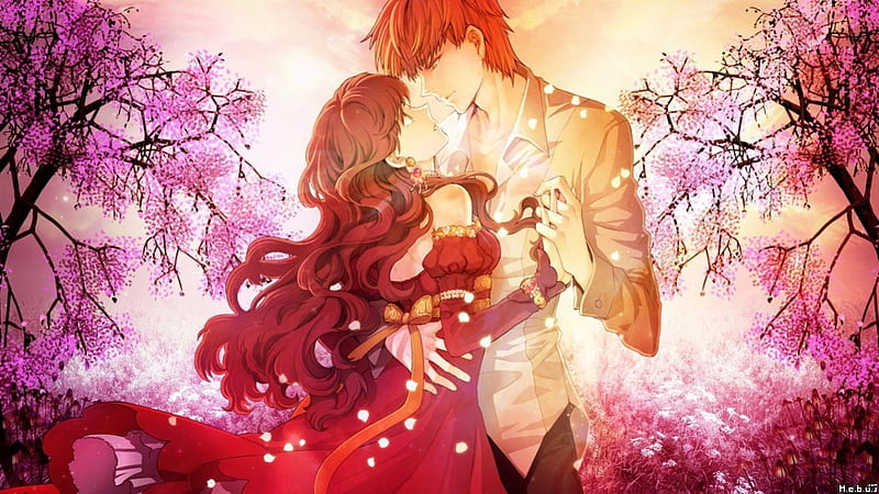 Dancing, red, guy, bonito, cherry blossom, sweet, cute, boy, girl, anime, love, beauty, dance, pink, couple, HD wallpaper
