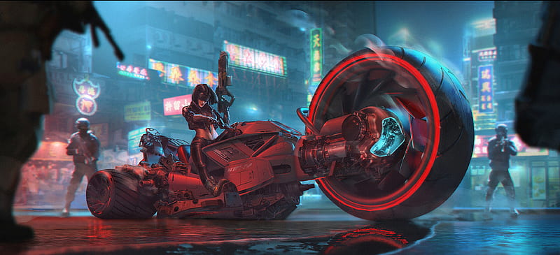 Big Tire Cyberpunk Bike Rider Girl, cyberpunk, biker, artist, artwork, digital-art, HD wallpaper