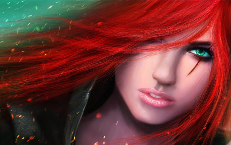 Katarina, redhead, game, woman, league of legends, fantasy, girl, green, the sinister blade, face, HD wallpaper
