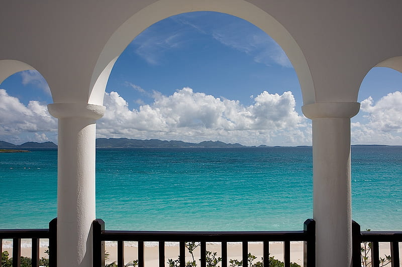 Villa View, veranda, view, ocean, villa, blue, HD wallpaper