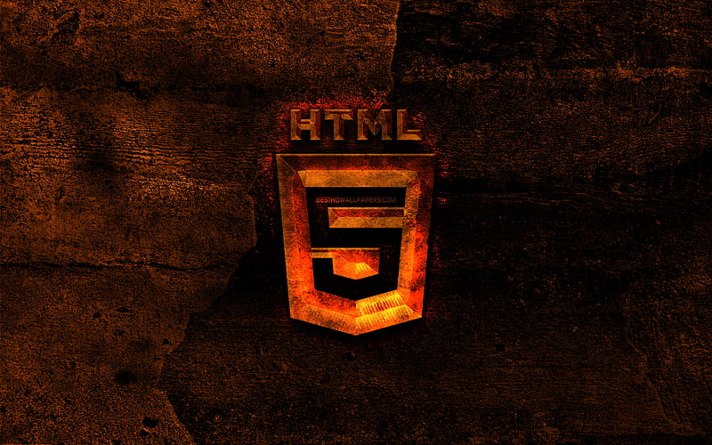 HTML5 fiery logo, programming language, orange stone background, creative, HTML5 logo, programming language signs, HTML5, HD wallpaper