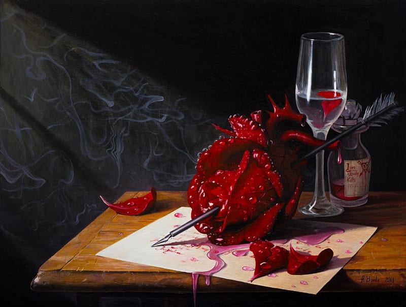 Love slowly kills, glass, art, red, fantasy, luminos, rose, borda, black, HD wallpaper