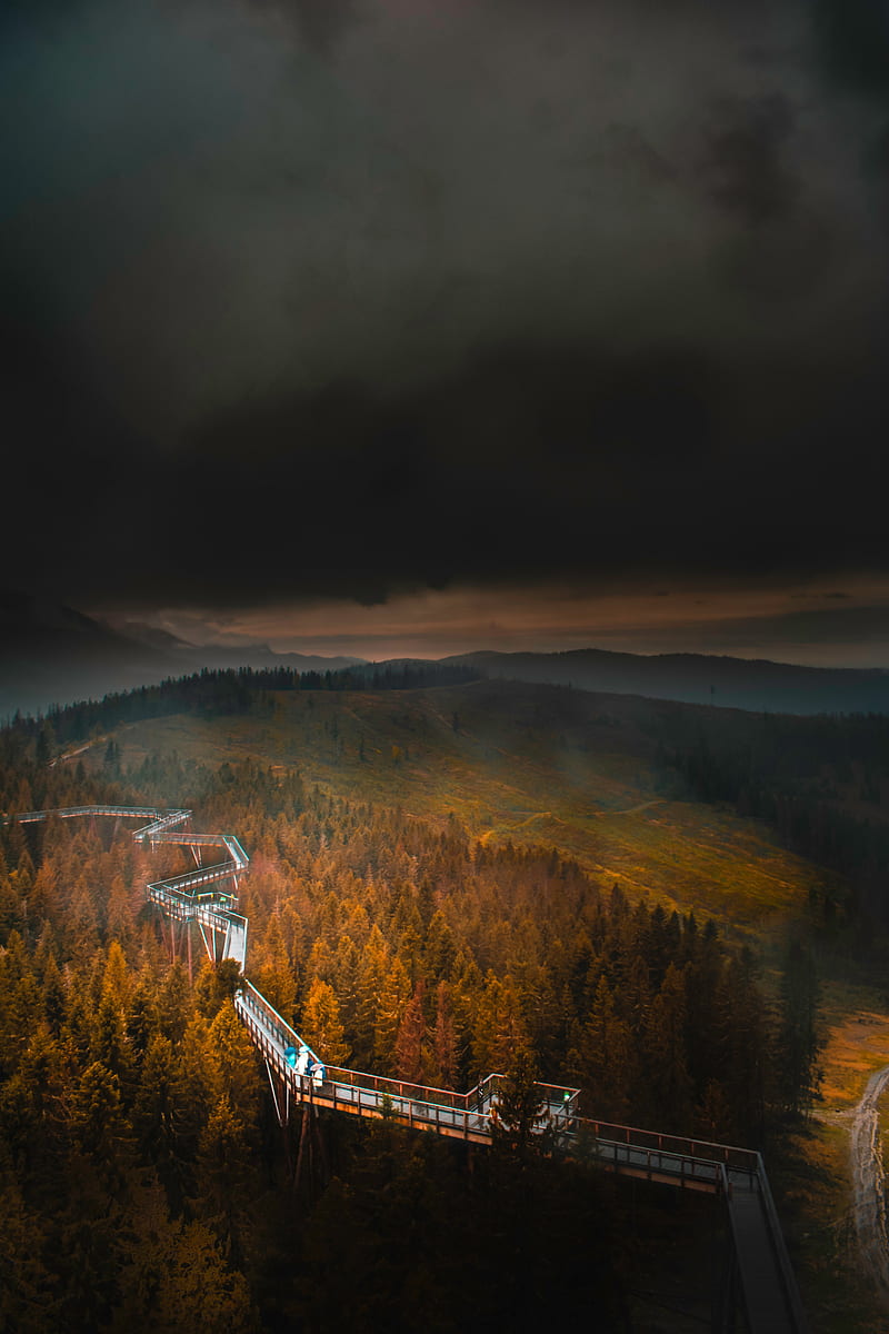 bridge, mountains, fog, clouds, aerial view, HD phone wallpaper