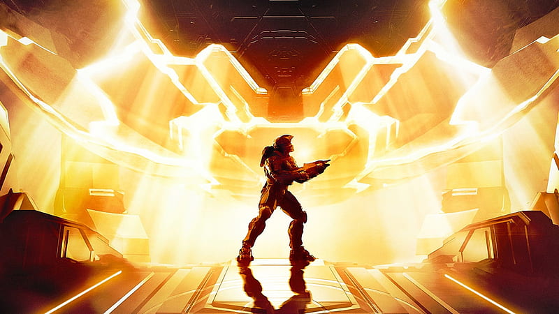 Master Chief meets forerunner, halo, didact, orange, forerunner, chief, master, HD wallpaper
