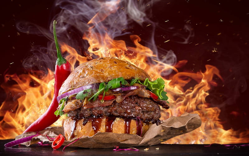 Hot Spicy Burger, foods, entertainment, cool, yummy, fun, HD wallpaper
