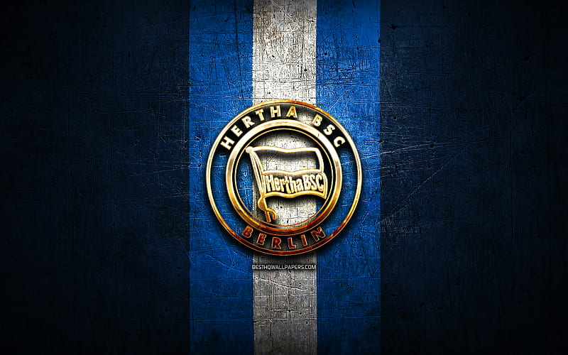 Hertha BSC, golden logo, Bundesliga, blue metal background, football, Hertha FC, german football club, Hertha BSC logo, soccer, Germany, HD wallpaper
