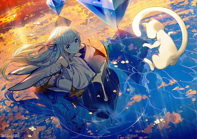 Emilia, water, girl, anime, power, magic, anime girl, sea, HD wallpaper