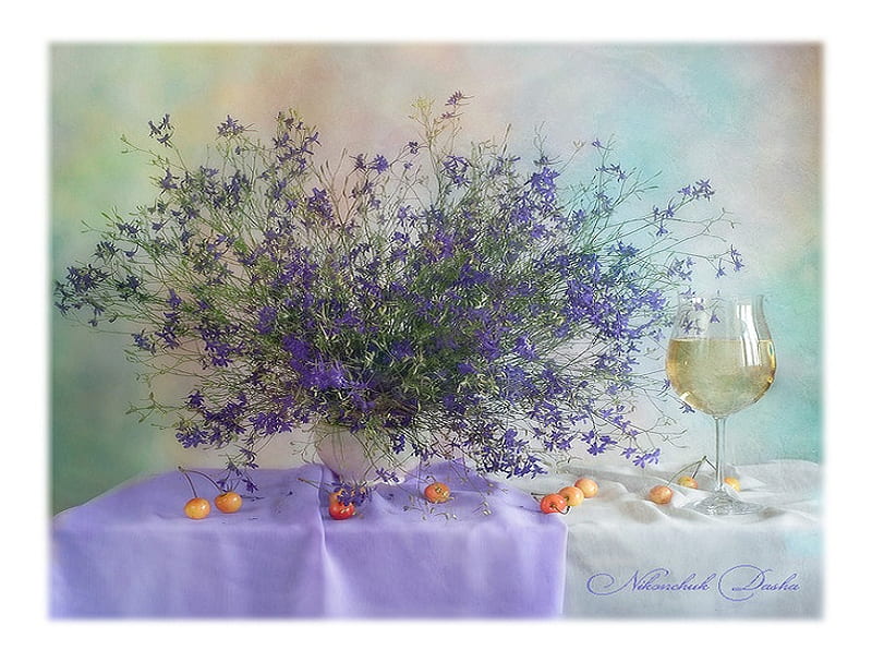 Bold and beautiful, table, wine, fruits, cherries, vase, lavender, tablecloth, still life, glass, flowers, wineglass, HD wallpaper
