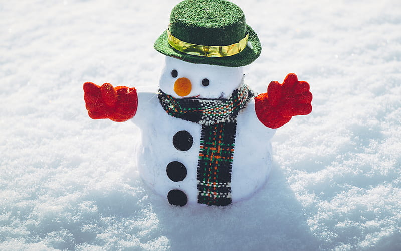snowman, christmas, winter, snow, snowmen, toy, snowflakes, green hat, red mittens, HD wallpaper