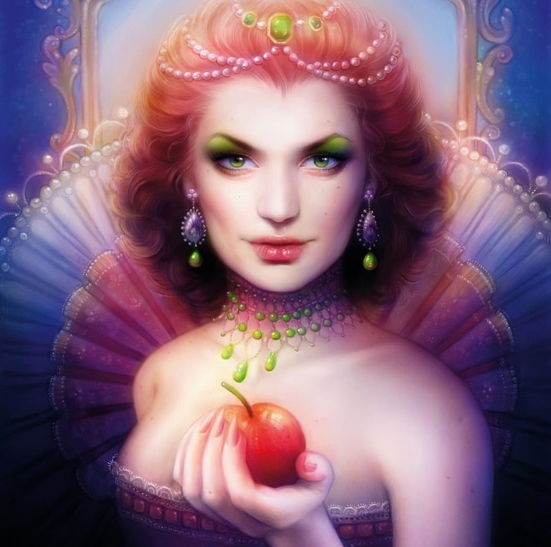 Evil Queen, apple, fantasy, jewlery, queen, evil, mirror, bonito, HD wallpaper