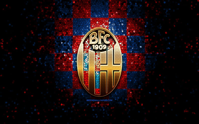 Bologna FC, glitter logo, Serie A, blue red checkered background, soccer, FC Bologna, italian football club, Bologna logo, mosaic art, football, Italy, HD wallpaper