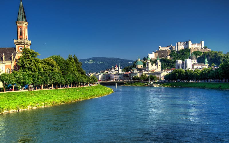 Cities, Austria, Bridge, Salzburg, Cathedral, , Castle, Salzach River, HD wallpaper