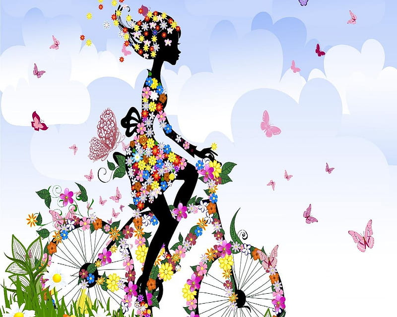 Flower Lady, flowers, butterflies, bike, woman, HD wallpaper | Peakpx