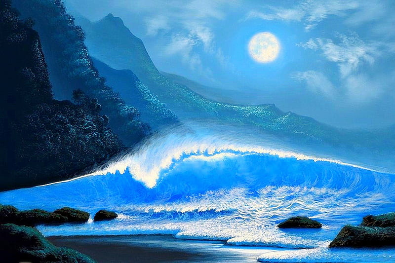 ..Blue MoonLinght.., rocks, shore, softness beauty, digital art, clouds, blue moonlight, sea, wave, paintings, waterscapes, moon, landscapes, bright, scenery, drawings, light, blue, colors, sky, cool, paradise, beaches, acrylic on canvas, mountains, nature, creative-premade, splashes, HD wallpaper