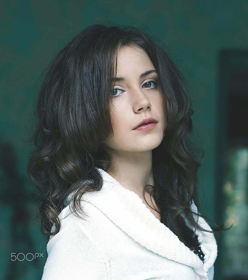 Ksenia Kokoreva, brunette, long hair, wavy hair, portrait, robe, white clothing, Yuri Egoroff, blue eyes, HD phone wallpaper