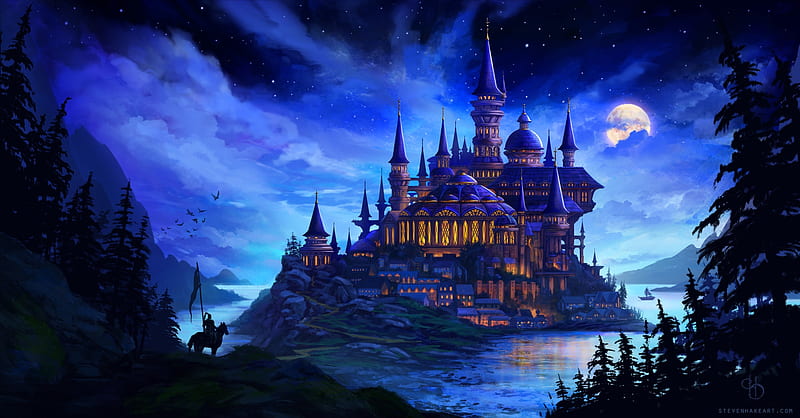 Castle, art, fantasy, moon, steven hake, moon, night, blue, luminos, HD wallpaper