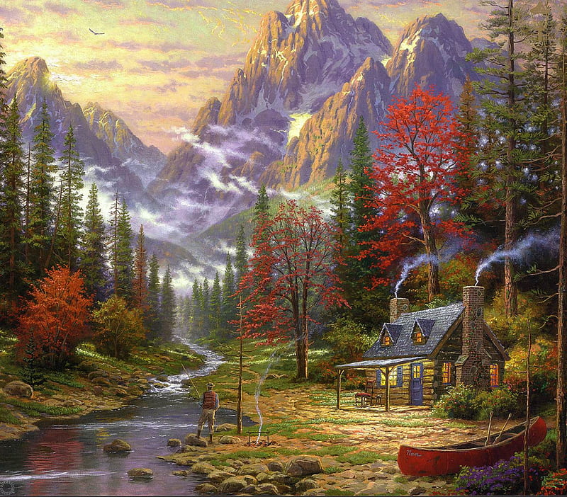 Thomas Kinkade. The Good Life, art, cottage, sunset, man, thomas kinkade, mountain, tree, boat, painting, fishing, HD wallpaper