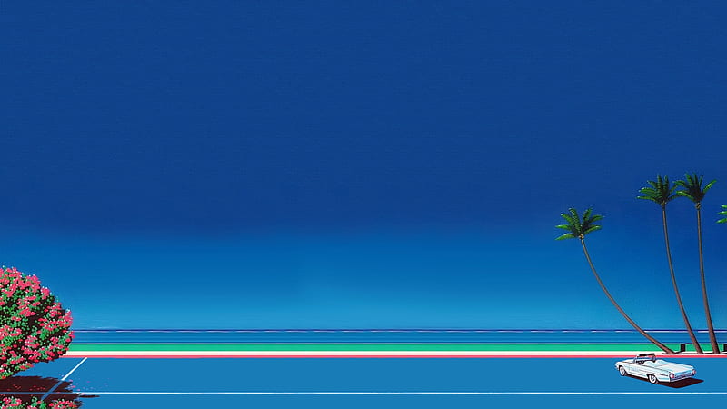 Trees With Beach And White Car Vaporwave, HD wallpaper
